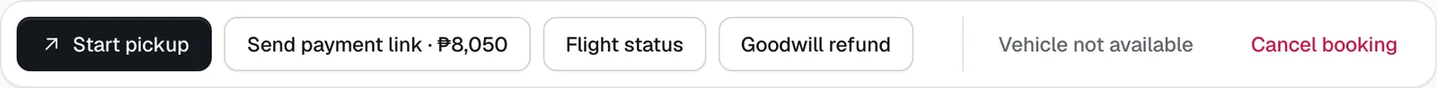 The action buttons on a confirmed airport booking: Start pickup, payment link, flight status, refund and cancel