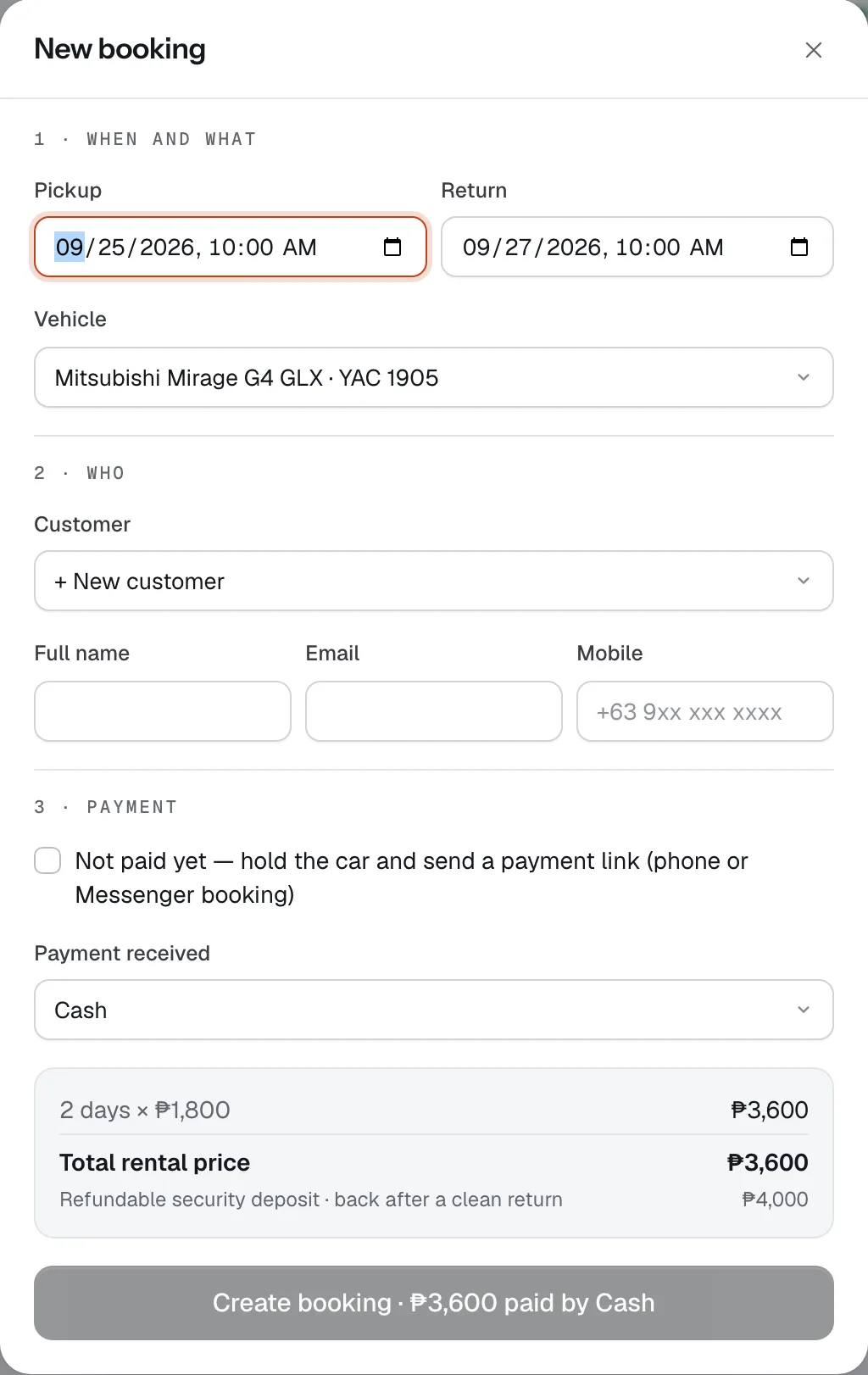 The New booking form: dates and vehicle, the customer, and how it was paid or a payment link