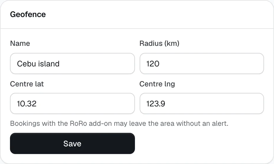 The Geofence card: the area's name, radius in km and centre point