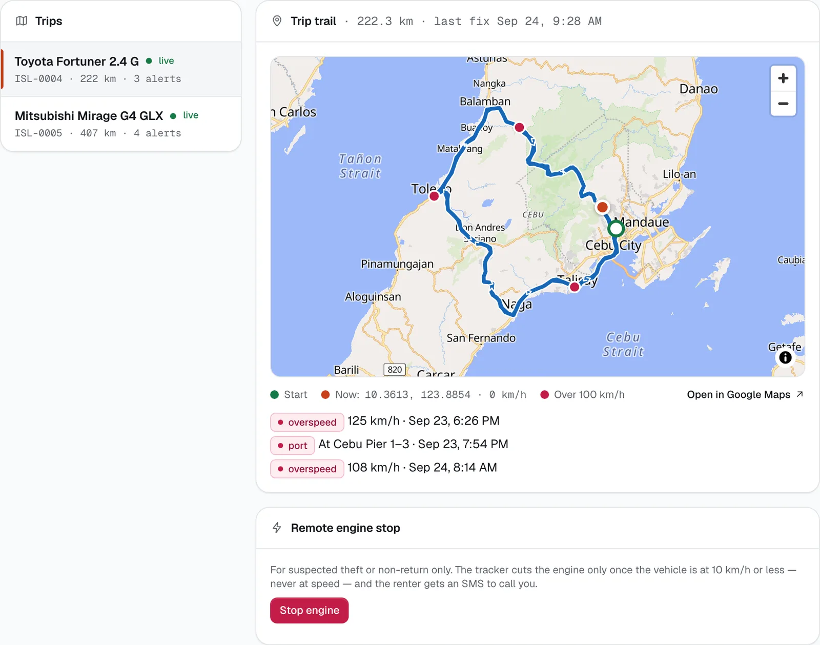 GPS tracking: the list of trips on the left, and the selected trip's trail on a street map with its start, current position and speed