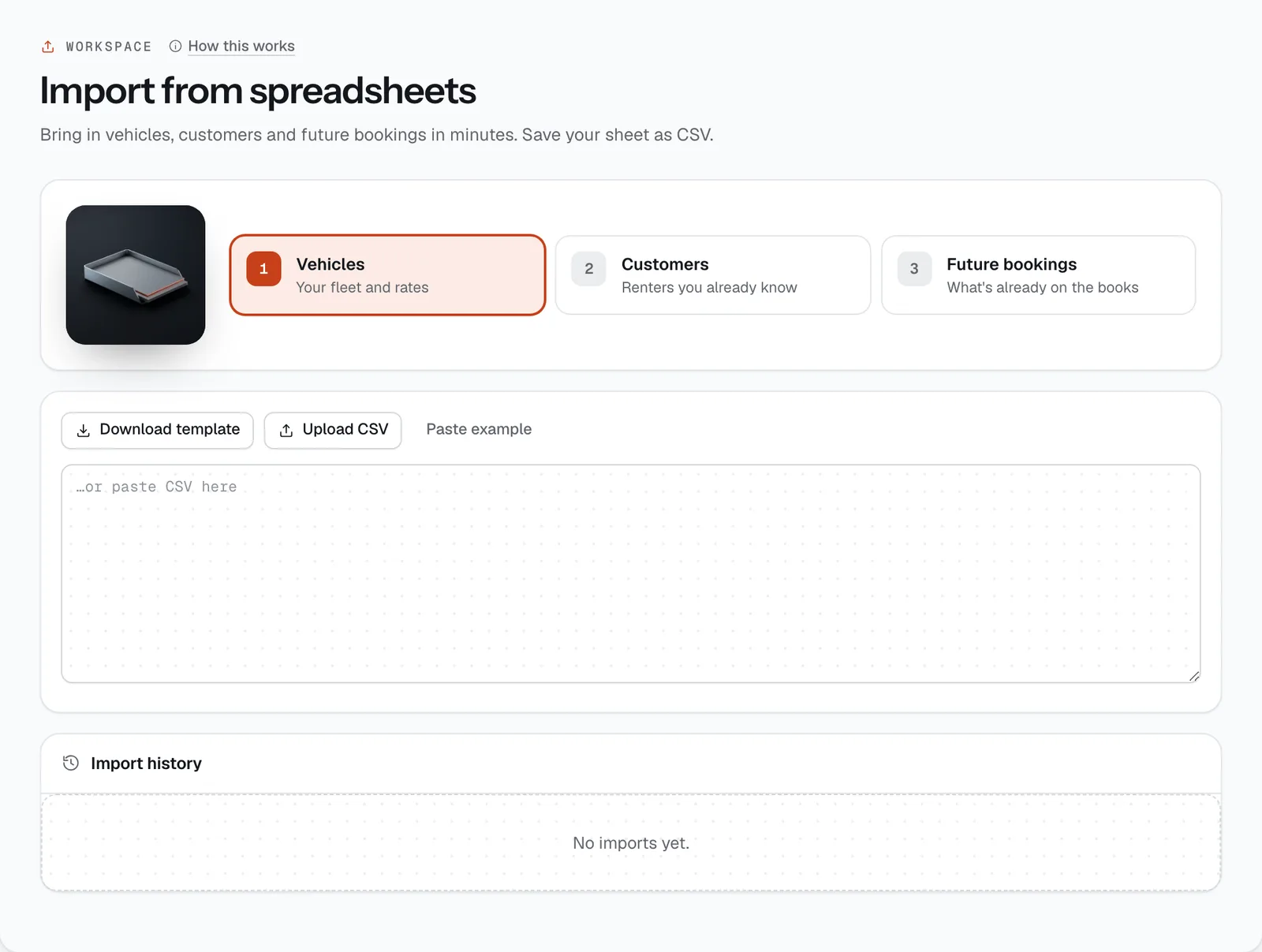 The Import from spreadsheets page in the CeeRent dashboard