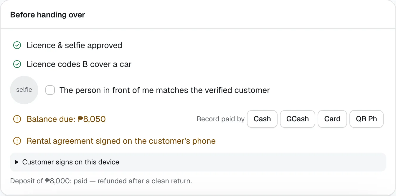 Collecting a balance at pickup: record cash, GCash or card, or show a QR Ph code