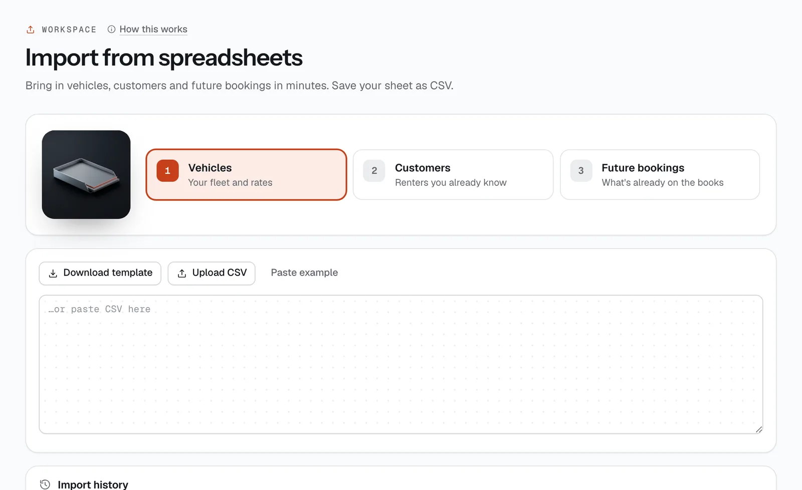 Import from spreadsheets: the three imports in order, and the template and upload buttons