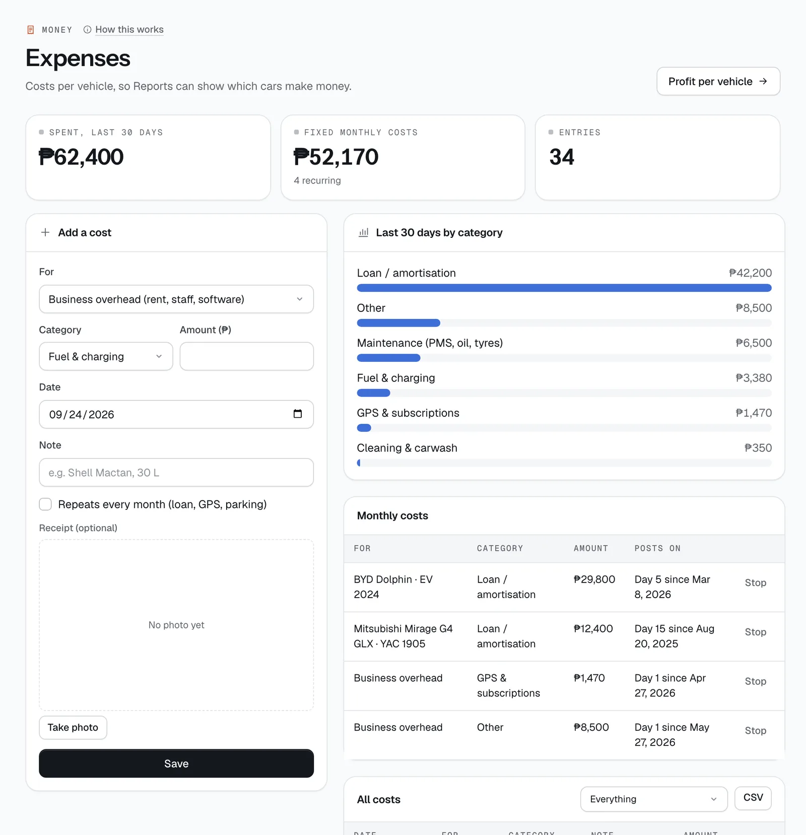 Expenses: add a cost for a vehicle or the business, monthly costs, and the list with its CSV export