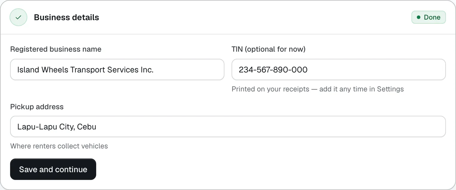 Get set up, step 2: registered business name, TIN (optional) and pickup address