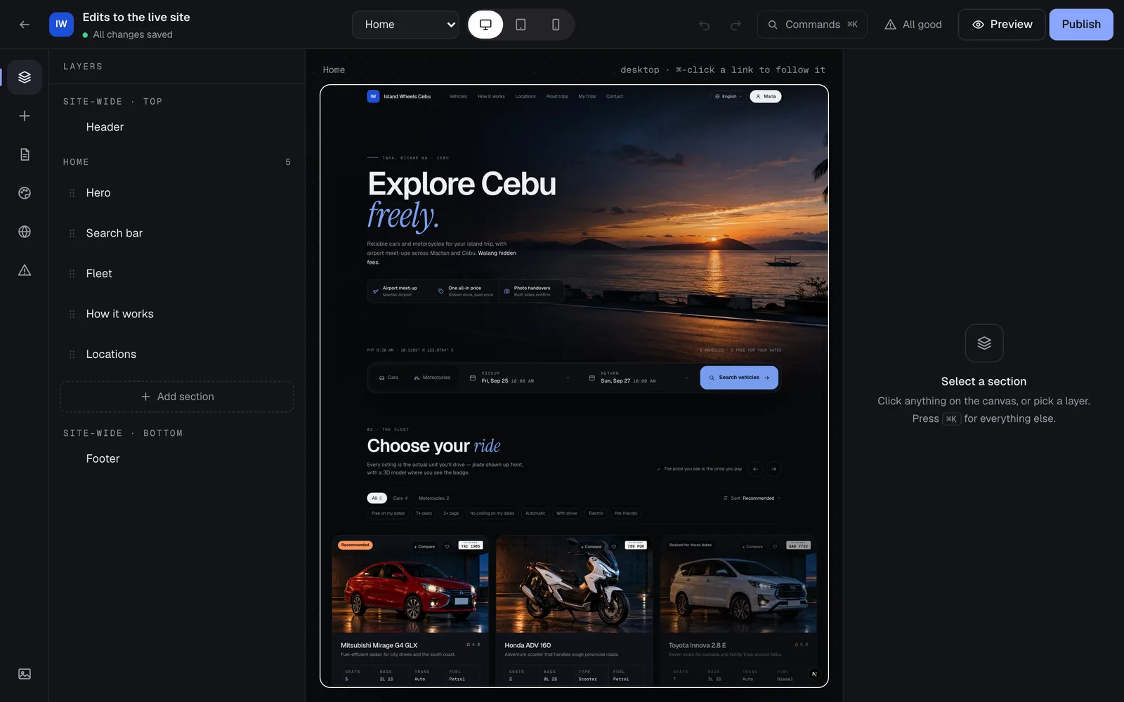The site editor: pages, device switch, panels, the save status, Preview and Publish