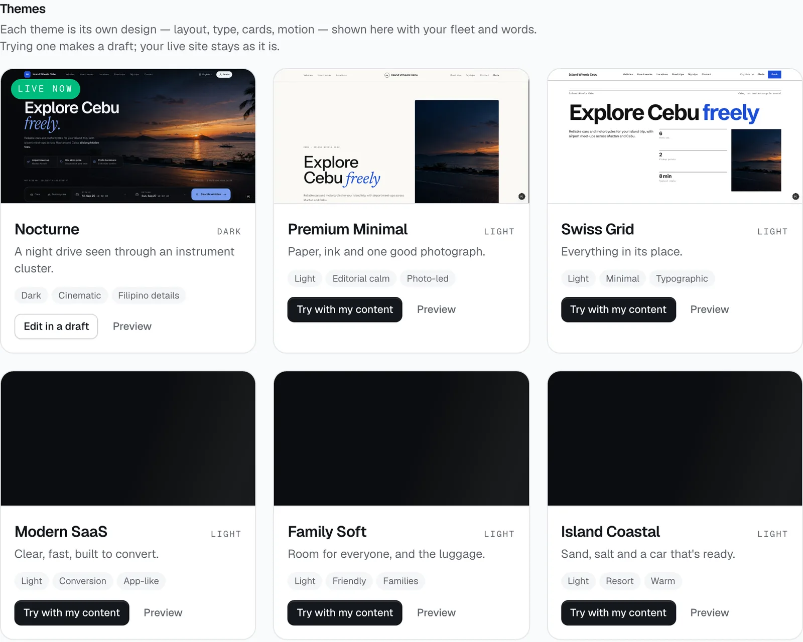 Theme cards in the Site Builder, each shown with your own fleet and words