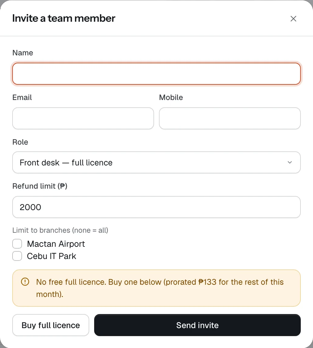 Inviting a team member: role, refund limit and branches