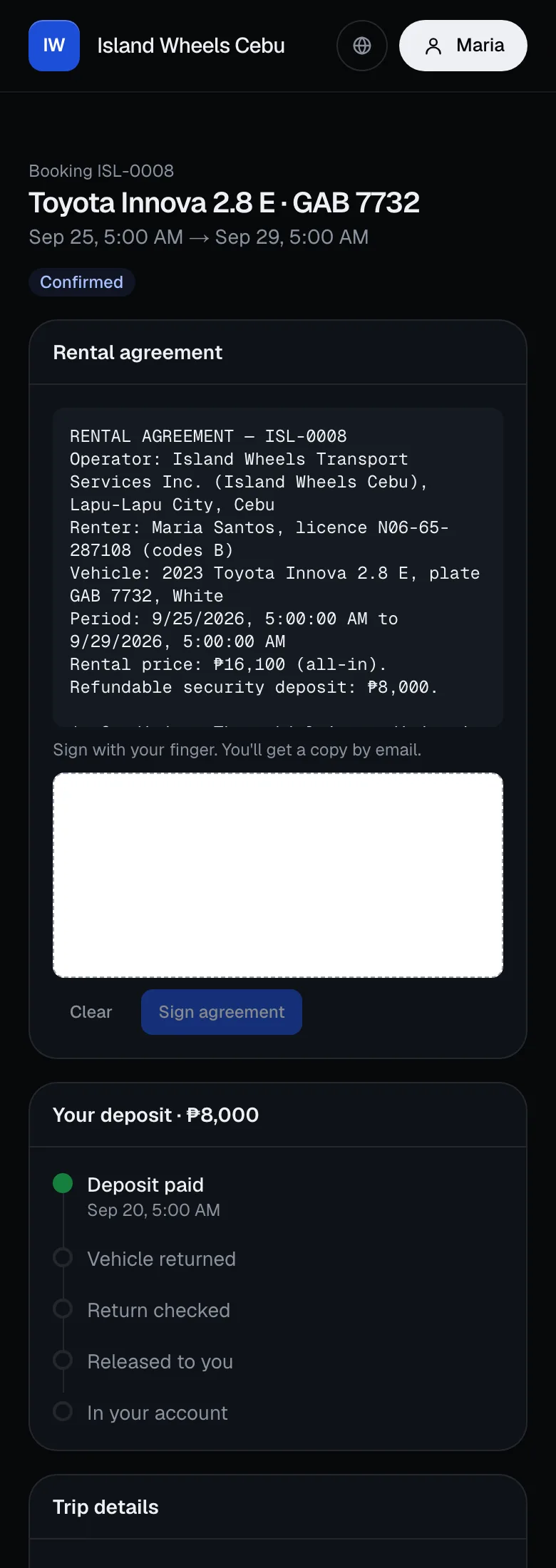 A renter's booking page on a phone the day before pickup: rental agreement to sign, deposit tracker and buttons