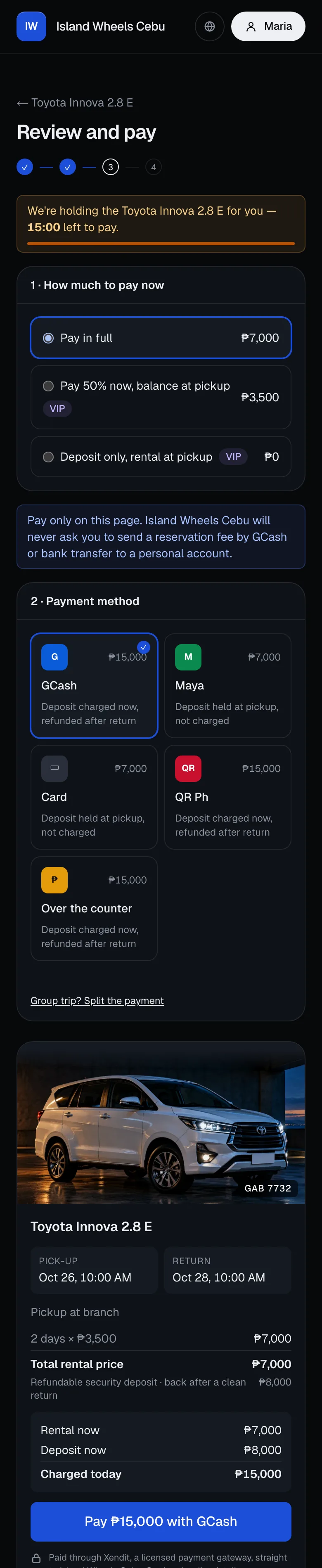Checkout on a phone: the hold countdown, how much to pay now, and the payment method