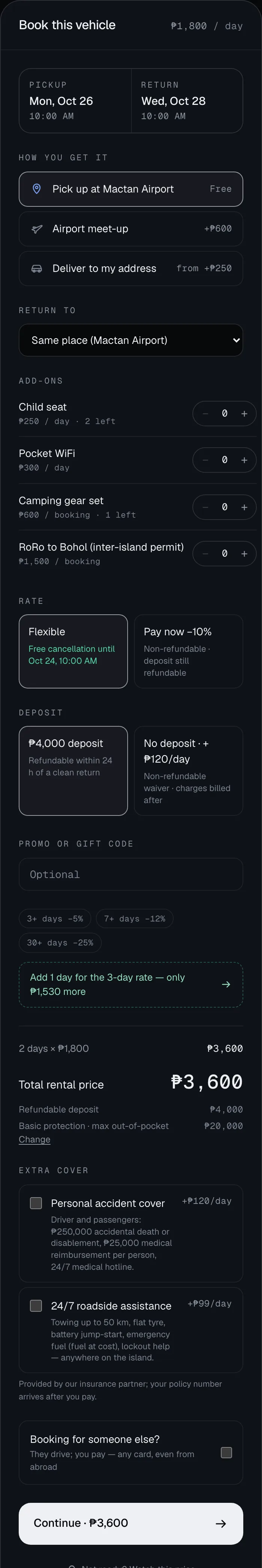 The booking panel on a vehicle page: how you get it, rate, deposit or no-deposit waiver, and the total
