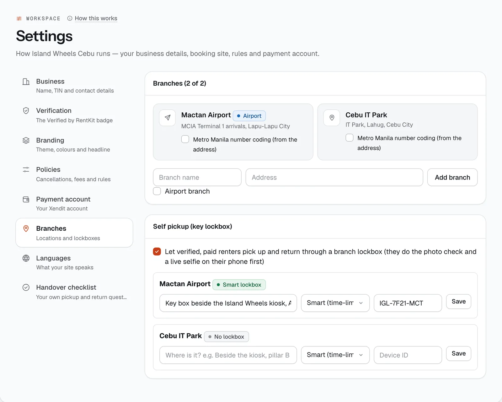 Settings, Branches tab: the branch list, Add branch, and self pickup with key lockboxes