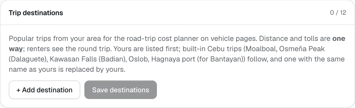 The Trip destinations card under Policies, for the road-trip cost planner