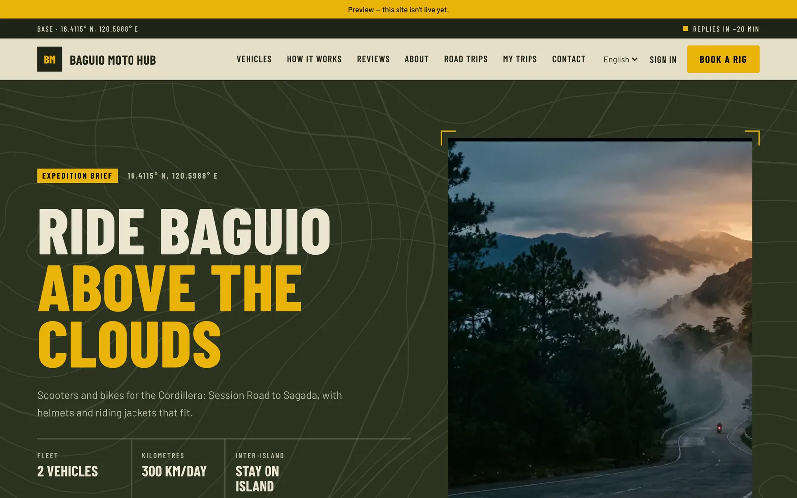 Baguio Moto Hub's booking site in the Trail theme: olive and khaki with an expedition brief over a pine road