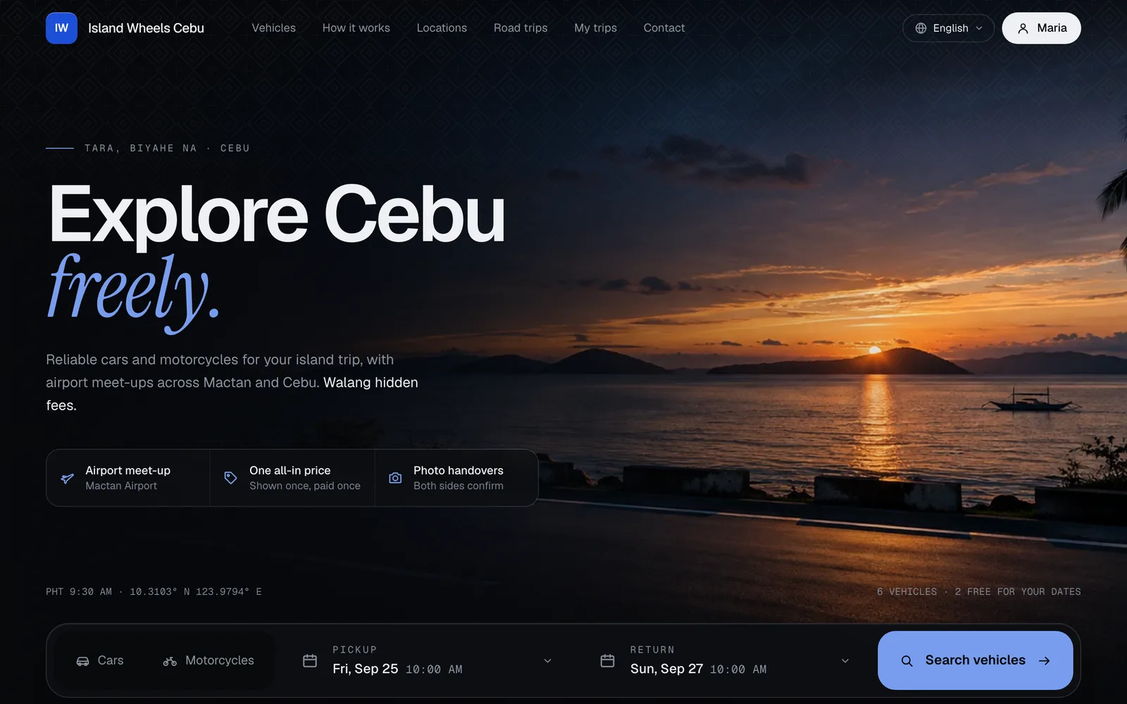 Island Wheels Cebu's booking site in the Nocturne theme: a dusk coast road, the headline and a date search