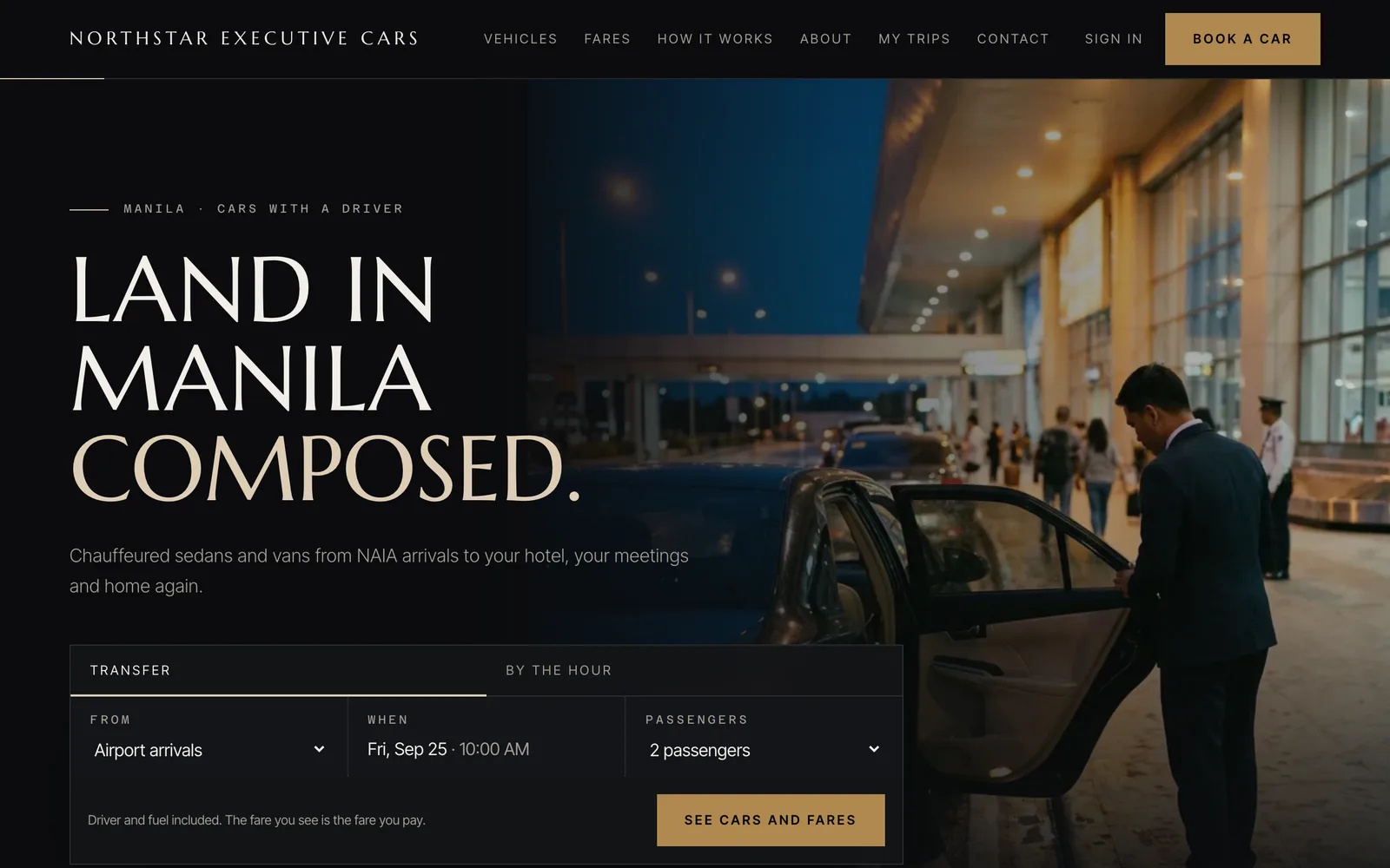 Northstar Executive Cars' booking site in the Chauffeur theme: near-black and brass with an arrivals booking panel