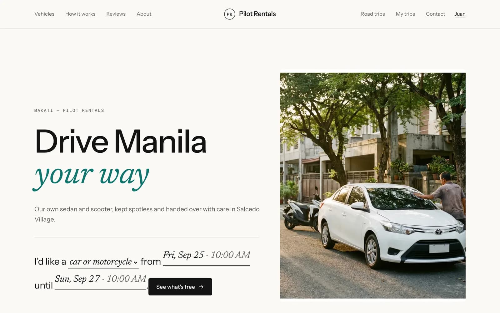 Pilot Rentals' booking site in the Premium Minimal theme: a quiet paper page with one tall photograph