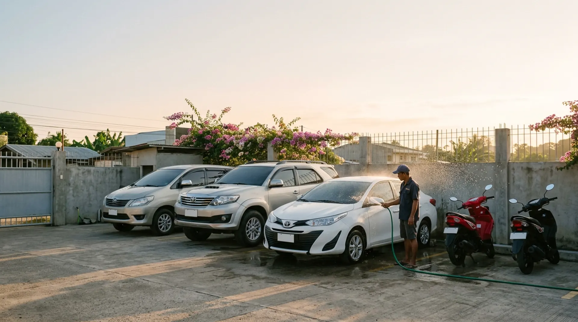 A small rental fleet being washed at sunrise before the first pickup