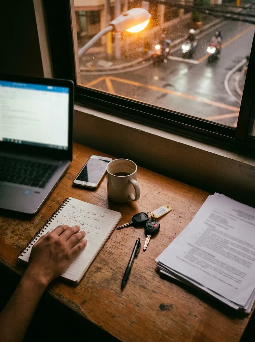 A rental office desk at dusk with a laptop, phone, car keys, a notebook and printed agreements by a rainy window