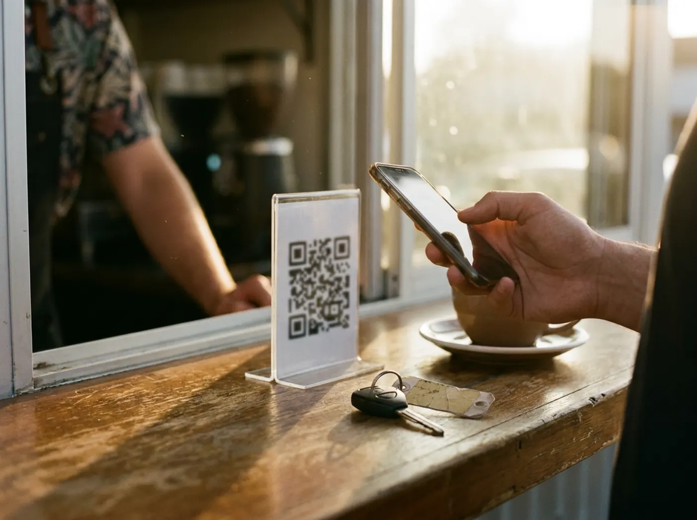 A renter scans a QR Ph code on the rental counter to pay