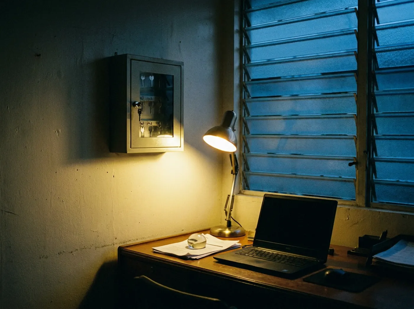 A quiet rental office at dusk: a locked key cabinet, a closed laptop and a signed agreement under a paperweight